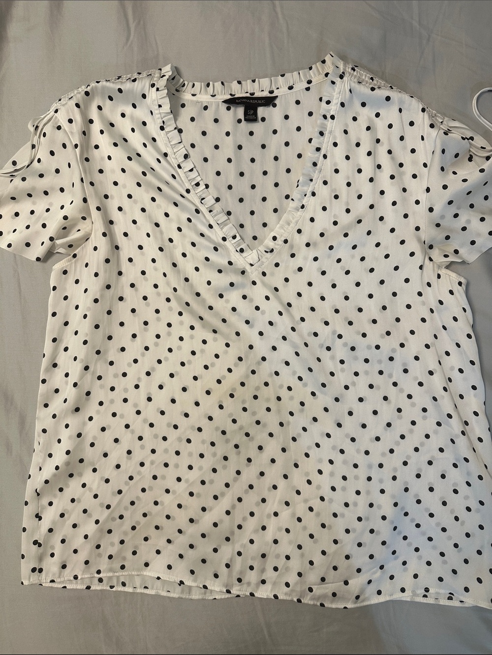 Worthington White and Black Polka Dot V-Neck Ruffle Trim Blouse